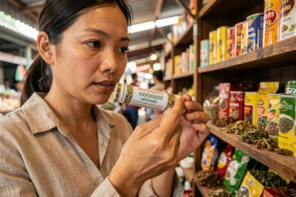 Femme thaïlandaise tenant un inhalateur yadom original avec étiquette en script thaï dans un marché local authentique