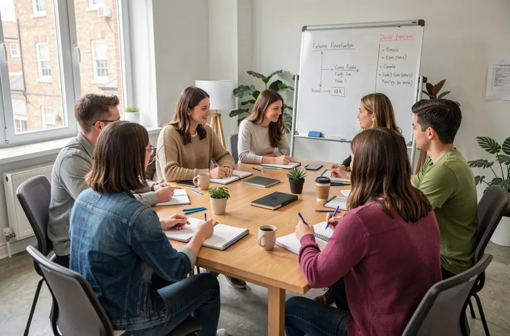 Atelier collectif de demandeurs d'emploi autour d'une table