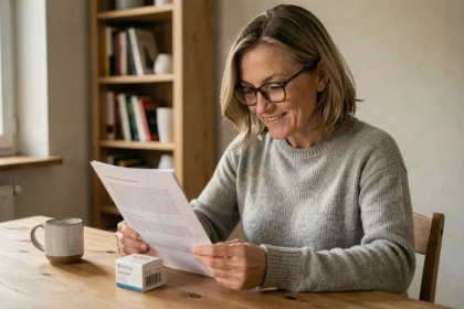 Femme de 45 ans consultant des documents médicaux et une boîte de médicaments GLP-1 sur une table en bois dans un appartement français moderne