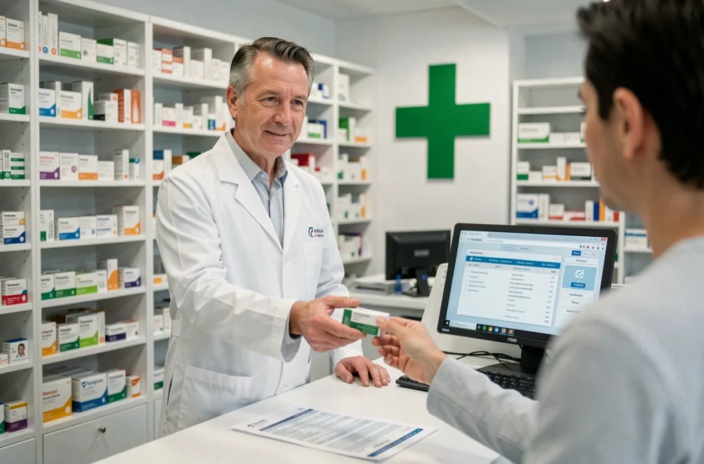 Pharmacien français remettant une boîte de médicament GLP-1 à un patient au comptoir d'une pharmacie moderne avec interface de remboursement Sécurité Sociale